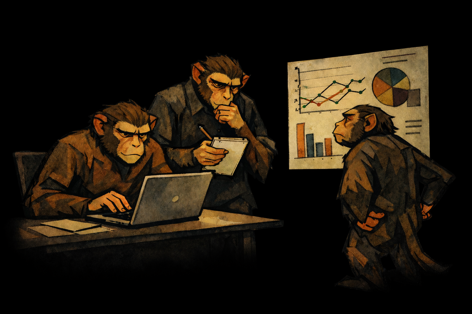 Abstract illustration of three monkeys learning to work with technology